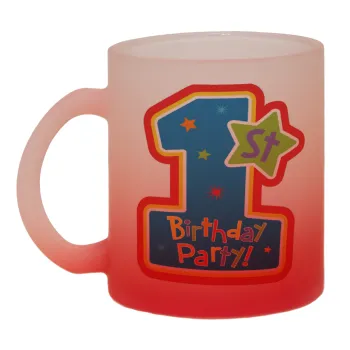 Happy 1st Birthday, Κούπα γυάλινη δίχρωμη με βάση το κόκκινο ματ, 330ml