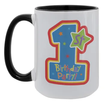 Happy 1st Birthday, Κούπα Mega 15oz, κεραμική Μαύρη, 450ml