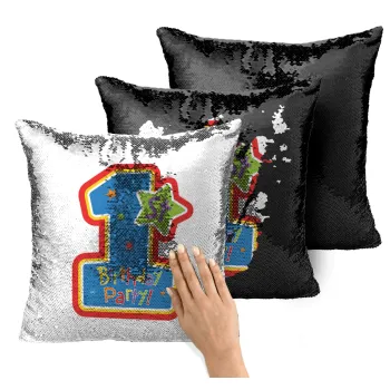 Happy 1st Birthday, Μαξιλάρι καναπέ Μαγικό Μαύρο με πούλιες 40x40cm περιέχεται το γέμισμα