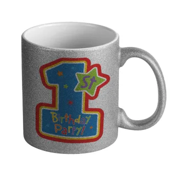 Happy 1st Birthday, Κούπα Ασημένια Glitter που γυαλίζει, κεραμική, 330ml