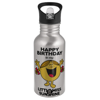 Happy Birthday miss sunshine, Water bottle Silver with straw, stainless steel 500ml