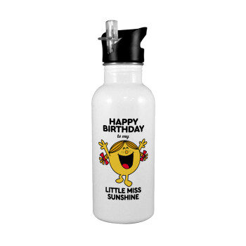 Happy Birthday miss sunshine, White water bottle with straw, stainless steel 600ml