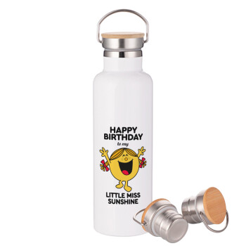Happy Birthday miss sunshine, Stainless steel White with wooden lid (bamboo), double wall, 750ml