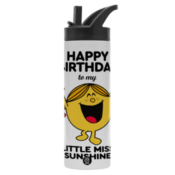 Happy Birthday miss sunshine, Μεταλλικό παγούρι θερμός με καλαμάκι & χειρολαβή, ανοξείδωτο ατσάλι (Stainless steel 304), διπλού τοιχώματος, 600ml