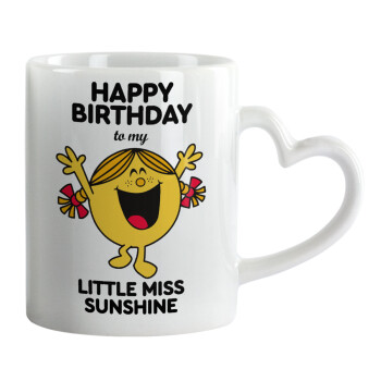 Happy Birthday miss sunshine, Mug heart handle, ceramic, 330ml