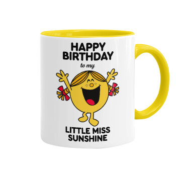 Happy Birthday miss sunshine, Κούπα χρωματιστή κίτρινη, κεραμική, 330ml