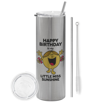 Happy Birthday miss sunshine, Eco friendly stainless steel Silver tumbler 600ml, with metal straw & cleaning brush