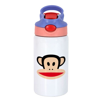 Monkey, Children's hot water bottle, stainless steel, with safety straw, pink/purple (350ml)