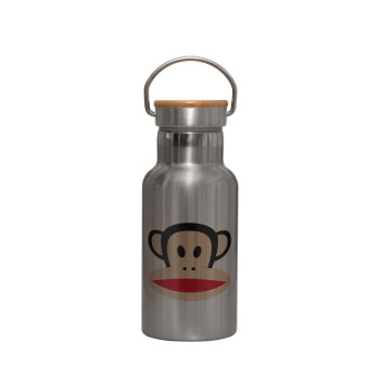 Monkey, Μεταλλικό παγούρι θερμός (Stainless steel) Ασημένιο με ξύλινο καπακι (bamboo), διπλού τοιχώματος, 350ml
