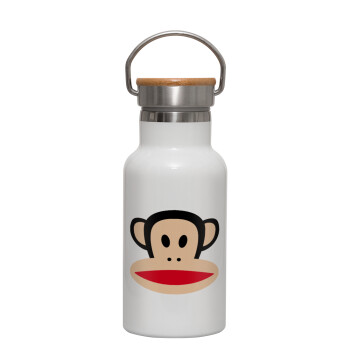 Monkey, Μεταλλικό παγούρι θερμός (Stainless steel) Λευκό με ξύλινο καπακι (bamboo), διπλού τοιχώματος, 350ml