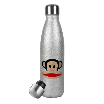 Monkey, Μεταλλικό παγούρι θερμός Glitter Aσημένιο (Stainless steel), διπλού τοιχώματος, 500ml