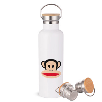 Monkey, Μεταλλικό παγούρι θερμός (Stainless steel) Λευκό με ξύλινο καπακι (bamboo), διπλού τοιχώματος, 750ml