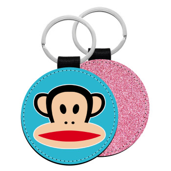 Monkey, Μπρελόκ Δερματίνη, στρογγυλό ΡΟΖ (5cm)