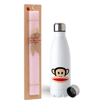 Monkey, Easter Set, metallic stainless steel water bottle (750ml) & scented flat Easter candle (30cm) (PINK)