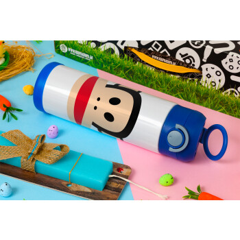 Monkey, Πασχαλινή Λαμπάδα με Παιδικό παγούρι θερμό, ανοξείδωτο, με καλαμάκι ασφαλείας, ΜΠΛΕ (500ml)