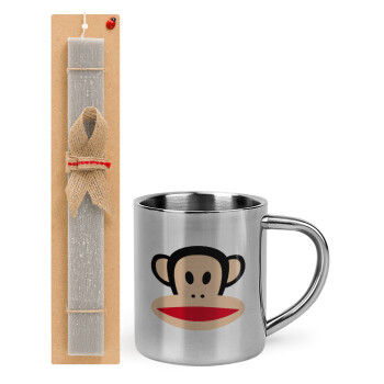 Monkey, Πασχαλινό Σετ, μεταλλική κούπα θερμό (300ml) & πασχαλινή λαμπάδα αρωματική πλακέ (30cm) (ΓΚΡΙ)