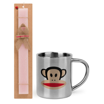 Monkey, Πασχαλινό Σετ, μεταλλική κούπα θερμό (300ml) & πασχαλινή λαμπάδα αρωματική πλακέ (30cm) (ΡΟΖ)