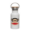 Metallic thermos (Stainless steel) White with wooden lid (bamboo), double-walled, 350ml