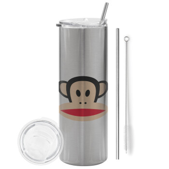 Monkey, Eco friendly ποτήρι θερμό Ασημένιο (tumbler) από ανοξείδωτο ατσάλι 600ml, με μεταλλικό καλαμάκι & βούρτσα καθαρισμού