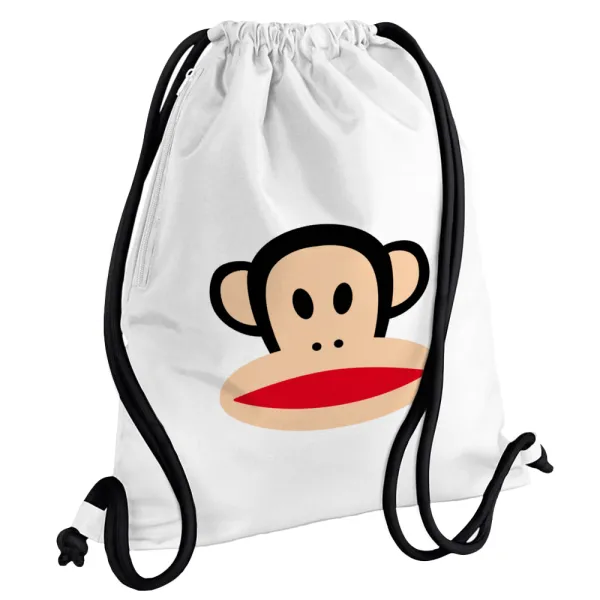 Monkey — Τσάντα πλάτης πουγκί GYMBAG λευκή, με τσέπη (40x48cm) & χονδρά κορδόνια