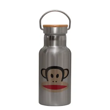 Monkey, Stainless steel metallic thermos flask, silver with a bamboo lid, double-walled, 350ml.