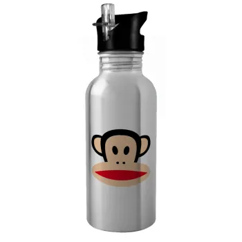 Monkey, Water bottle Silver with straw, stainless steel 600ml