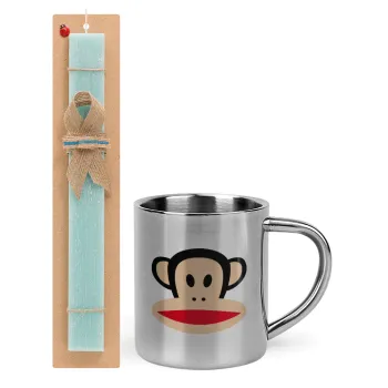 Monkey, Easter Set, metallic thermal cup (300ml) & aromatic flat Easter candle (30cm) (TURQUOISE)