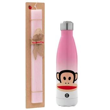 Monkey, Easter Set, Metallic pink/white (Stainless steel) thermos, double-walled, 500ml & aromatic flat Easter candle (30cm) (PINK)