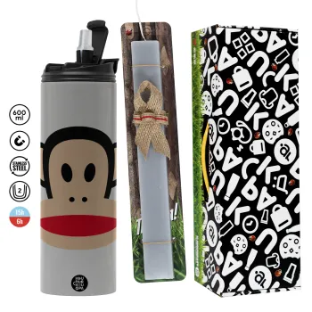 Monkey, Πασχαλινή Λαμπάδα με Travel Tumbler θερμό (600ml, BPA free) & κερί αρωματικό πλακέ (30cm) (ΓΚΡΙ)