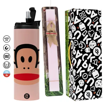 Monkey, Easter candle,Travel Tumbler 2 Lids, with metal straw & cleaning brush & aromatic flat candle (30cm) (PINK)