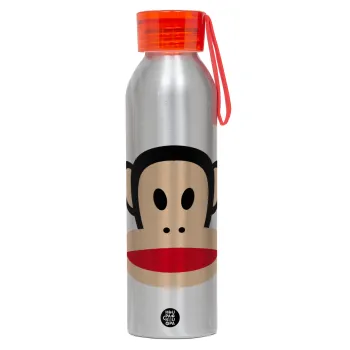 Monkey, Αλουμινένιο Αθλητικό Μπουκάλι 650ml – Ασημί με Κόκκινο Καπάκι και Λουράκι Σιλικόνης