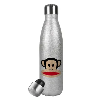 Monkey, Metallic Glitter Silver Thermos Flask (Stainless steel), double-walled, 500ml