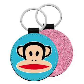 Monkey, Μπρελόκ Δερματίνη, στρογγυλό ΡΟΖ (5cm)