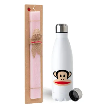 Monkey, Easter Set, metallic stainless steel water bottle (750ml) & scented flat Easter candle (30cm) (PINK)