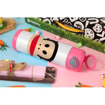 Monkey, Easter candle, Childrens hot water bottle, stainless steel, with safety straw, PINK (500ml)