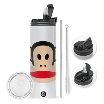 Monkey, Travel Tumbler θερμό με διπλό καπάκι, μεταλλικό καλαμάκι και βούρτσα καθαρισμού (Ανωξείδωτο 304 Food grade, BPA free, 600ml)