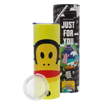 Monkey, Neon Yellow Travel Tumbler θερμό, μεταλλικό καλαμάκι(Ανωξείδωτο 304 Food grade, BPA free, 600ml)