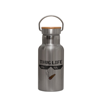 thug life, Stainless steel metallic thermos flask, silver with a bamboo lid, double-walled, 350ml.