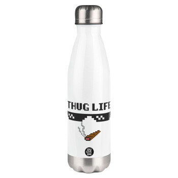 thug life, Μεταλλικό παγούρι θερμός Λευκό (Stainless steel), διπλού τοιχώματος, 500ml