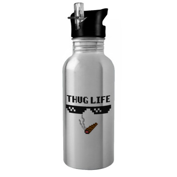 thug life, Water bottle Silver with straw, stainless steel 600ml