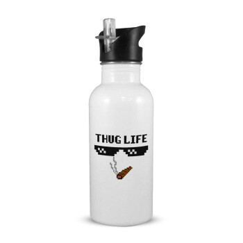 thug life, Παγούρι νερού Λευκό με καλαμάκι, ανοξείδωτο ατσάλι 600ml