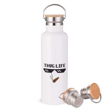 thug life, Stainless steel White with wooden lid (bamboo), double wall, 750ml