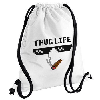 thug life, Τσάντα πλάτης πουγκί GYMBAG λευκή, με τσέπη (40x48cm) & χονδρά κορδόνια