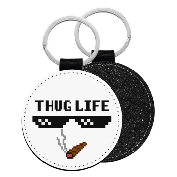 thug life, Μπρελόκ Δερματίνη, στρογγυλό ΜΑΥΡΟ (5cm)