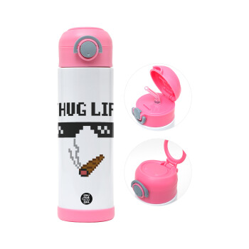 thug life, Children's hot water bottle, stainless steel, with safety straw, PINK (500ml)