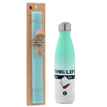 thug life, Easter Set, Metallic green/white thermos (Stainless steel), double-walled, 500ml & scented flat Easter candle (30cm) (TURQUOISE)