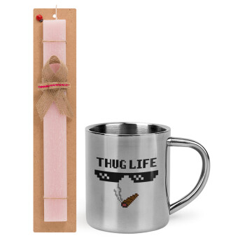 thug life, Πασχαλινό Σετ, μεταλλική κούπα θερμό (300ml) & πασχαλινή λαμπάδα αρωματική πλακέ (30cm) (ΡΟΖ)
