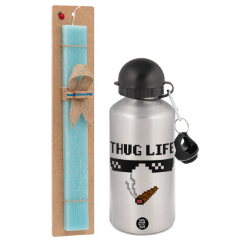 thug life, Πασχαλινό Σετ, παγούρι μεταλλικό Ασημένιο αλουμινίου (500ml) & πασχαλινή λαμπάδα αρωματική πλακέ (30cm) (ΤΙΡΚΟΥΑΖ)