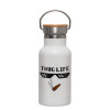 Metallic thermos (Stainless steel) White with wooden lid (bamboo), double-walled, 350ml