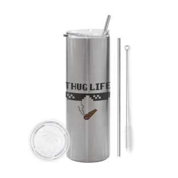 thug life, Eco friendly ποτήρι θερμό Ασημένιο (tumbler) από ανοξείδωτο ατσάλι 600ml, με μεταλλικό καλαμάκι & βούρτσα καθαρισμού
